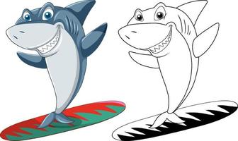 personaje de dibujos animados de tiburón con su contorno de garabato surfeando vector