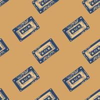 Audio cassette tape engraved seamless pattern. Vintage music cassette tape in hand drawn style. vector