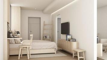 build up creation room The walls are decorated in white tones with wooden materials, Arc built-in cabinets and wooden arches on parquet floors. bedroom and living room apartment. 3d render animation video