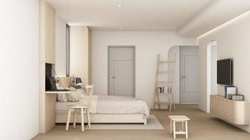 build up creation room The walls are decorated in white tones with wooden materials, Arc built-in cabinets and wooden arches on parquet floors. bedroom and living room apartment. 3d render animation video