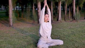 Asian woman outdoor yoga keep calm and meditate while practicing yoga video