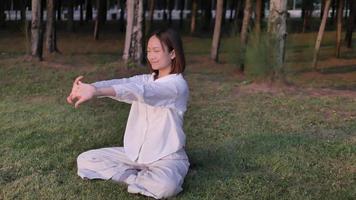 een meditatief vrouw in gewoontjes kleren mediteert met haar ogen Gesloten terwijl zittend in een lotus houding. video