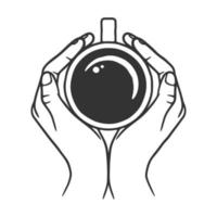 Hands holding a cup of hot coffee line art illustration vector