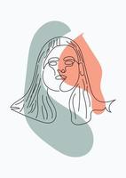 One line woman's face art. Abstract spots of pastel colors on the background vector