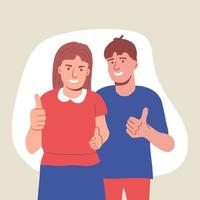 Happy couple man and woman raise their thumbs up. A gesture of approval. Positive emotion of the person. all OK vector
