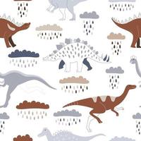 dinosaurios de colores prehistóricos corriendo bajo nubes de lluvia sobre fondo blanco. patrón transparente de vector con animales salvajes