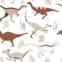 Cute dinosaurs on a white background run between plants. Seamless pattern with wild prehistoric animals vector