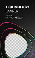 Modern technology banner in geometry style. Futuristic hi-tech colorful background. Vector illustration. Dynamic neon rainbow line abstractions for typography, design frame for social media post.