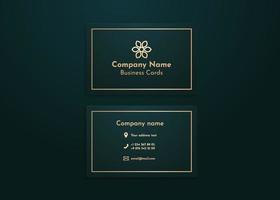 Overlay vector mockup horizontal business card two sides. Realistic design green background. Template card, blank, social media, flyer, logo in luxury trendy gold