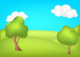 pradera 3d ilustración vectorial. brillante paisaje de fondo verde de los niños del valle. paisaje colorido y lindo con praderas verdes primaverales, árboles, cielo azul, nubes para sitios infantiles. vector