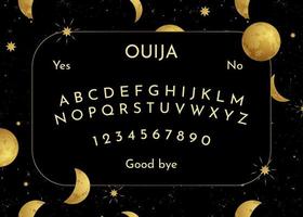 Graphic template Ouija Board. Black and gold symbols of moon, stars, texts and alphabet typography. Ghosts and demons calling Halloween game. Vector illustration for the witchcraft, print and play.