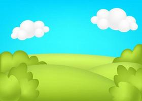 pradera 3d ilustración vectorial. brillante paisaje de fondo verde de los niños del valle. paisaje colorido y lindo con praderas verdes primaverales, árboles, cielo azul, nubes para sitios infantiles. vector