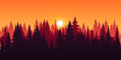 Vector autumn horizontal landscape with fog, forest, spruce, fir, and morning sunlight. Fall season Illustration of panoramic view silhouette, mist and mountains. Fire in the woods