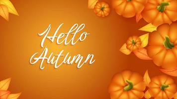 Hello autumn banner template with pumpkin and leaf. Poster, card, label, web banner. Vector illustration Happy Thanksgiving composition with pumpkins, autumnal leaves. Overhead view with copy space.