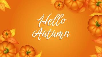 Hello autumn banner template with pumpkin and leaf. Poster, card, label, web banner. Vector illustration Happy Thanksgiving composition with pumpkins, autumnal leaves. Overhead view with copy space.