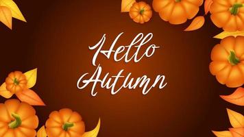 Hello autumn banner template with pumpkin and leaf. Poster, card, label, banner. Vector illustration with pumpkins, autumnal leaves. Brown background. Overhead top view with copy space.