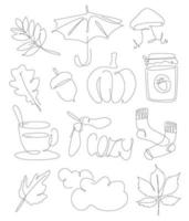 Autumn elements line art. season fall one line set. Autumn leaves, cozy socks. tea and jam in linear style. Acorn and other wether vector icons