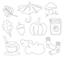 Autumn elements line art. season fall one line set. Autumn leaves, cozy socks. tea and jam in linear style. Acorn and other wether vector icons