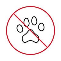 símbolo de contorno de parada roja de huella de pata. no se permite la señal de paseo de mascotas. prohibir la huella del pie del cachorro. prohibir el icono de línea negra de la zona de entrada de perros gatos. prohibir la entrada con pictograma animal. ilustración vectorial aislada. vector