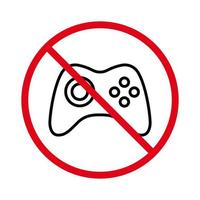 no se permite la señal de control del gamepad. símbolo de contorno de parada roja de la consola de juegos prohibidos. icono de línea negra de prohibición de joystick. Pictograma de zona de videojuegos de jugador prohibido. ilustración vectorial aislada. vector