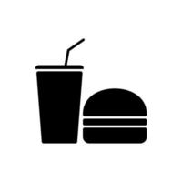beber hamburguesa icono de silueta negra. pictograma de glifo de cola de hamburguesa de comida chatarra rápida. comida para llevar bebida gaseosa fría sándwich símbolo plano. signo de comida de bocadillos poco saludables. ilustración vectorial aislada. vector