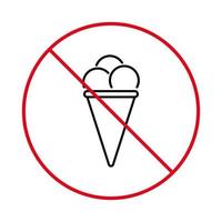 no se permite señal de información de helados. prohibir la entrada con helado en el icono de la línea negra de la regla del cono de waffle. zona de comida restringida símbolo rojo.prohibir el pictograma de contorno de sundae. ilustración vectorial aislada. vector