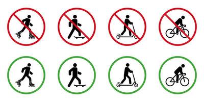 Precaución prohibir patineta patineta bicicleta patinete pictograma conjunto. no permita la señal de transporte ecológico de ruedas. permiso patín patineta bicicleta kick scooter icono verde. ilustración vectorial aislada. vector