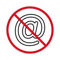 Caution No Allowed E-mail Spamming. Prohibited At Sign. Ban Email Spam Black Line Icon. Mail Address Red Stop Outline Symbol. Forbidden Mailing Text Pictogram. Isolated Vector Illustration.