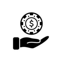 ficha de póquer en el icono de glifo de mano. moneda suerte jugar riesgo juego club plano símbolo. token de círculo de apuesta de dinero. Pictograma de silueta negra de ruleta de casino con fichas. ilustración vectorial aislada. vector