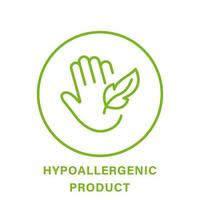 icono verde de la línea de productos seguros hipoalergénicos. cosmético hipoalergénico de seguridad para el pictograma de contorno de higiene de la piel sensible. icono libre de alérgenos. símbolo de mano y pluma. ilustración vectorial aislada. vector