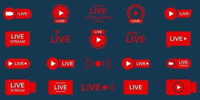 Live Stream Sign Set. Online News, Show, Channel Television. Live Stream Line Icon. Online Broadcast Buttons Pictogram. Red Symbol of Livestream. Isolated Vector Illustration.