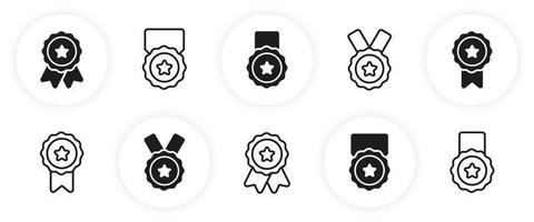 Set of Black Silhouette and Line Medals with Ribbon and Stars. Rewards for Sport Champion on White Background. Round Outline Award Collection for Winner of Competition. Isolated Vector Illustration.