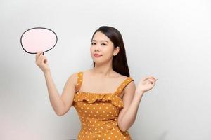 A young woman in a white shirt holding a thought box symbol. photo