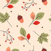 patrón de otoño sin costuras con bellotas, hojas y ramitas de serbal. perfecto para papel tapiz, papel de regalo, relleno de patrón, fondo de página web, tarjetas de felicitación de otoño. ilustración vectorial vector