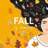 Postcard design with a young dark-haired beautiful Girl and the inscription Fall is coming. Enjoy the Fall concept. Vector illustration in flat style.