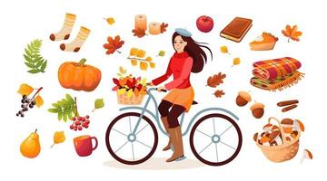 conjunto de otoño, follaje, hongos del bosque, tela escocesa, calabaza, pastel, calcetines de punto, canela. una niña en bicicleta con una cesta de hojas. ilustración vectorial de dibujos animados