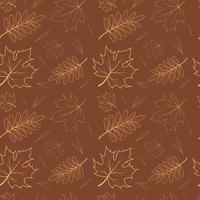 Autumn pattern with contoured leaves on brown background vector