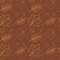 Autumn pattern with contoured leaves on brown background vector