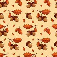 Pattern with light acorns and leaves on beige background vector