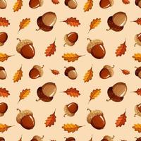 Pattern with light and dark acorns and leaves on beige background vector