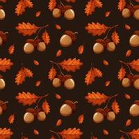 Pattern with light acorns and leaves on brown background vector