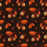 Pattern with light acorns and leaves on brown background vector