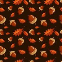 Pattern with dark acorns and leaves on brown background vector