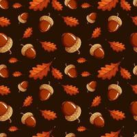 Pattern with dark acorns and leaves on brown background vector