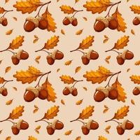 Pattern with dark acorns and leaves on beige background