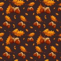 Pattern with dark acorns and leaves on grey background vector