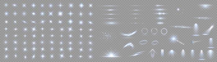 Light effect set. Glow isolated white light effect set, lens flare, explosion, glitter, dust, line, sun flash, spark and stars, spotlight, curve twirl. Sunlight, abstract special effect. vector
