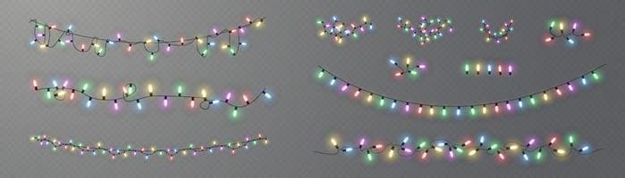 luces de Navidad. línea vectorial con bombillas de luz incandescente. conjunto de ilustración de lámpara de neón led de guirnalda brillante de navidad dorada. luces navideñas aisladas en tarjetas, pancartas, carteles vector