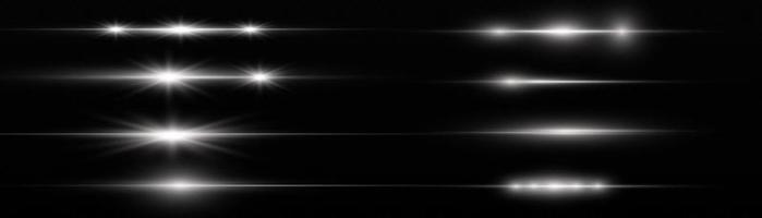 paquete de destellos de lentes horizontales blancos. rayos láser, rayos de luz horizontales. hermosos destellos de luz. rayas brillantes sobre fondo claro. fondo forrado brillante abstracto luminoso. vector