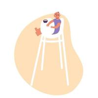 Baby in a feeding chair. Flat cartoon vector illustrtion, trendy colors, isolated on white background.